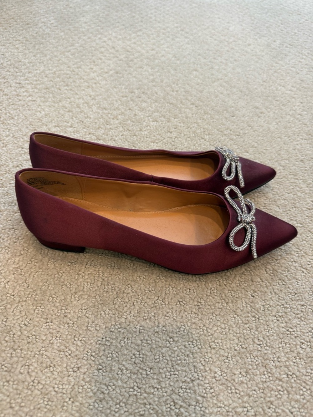 J. Crew Burgundy Pointed Satin Flats with Crystal Bow